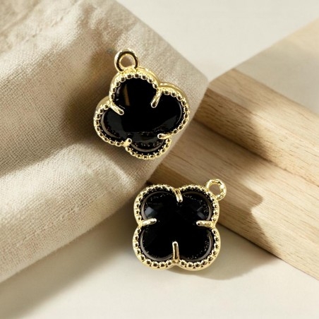 Ciondolo Quadrifoglio in cristallo nero con base in ottone oro 17x18mm 1pz | GDO
