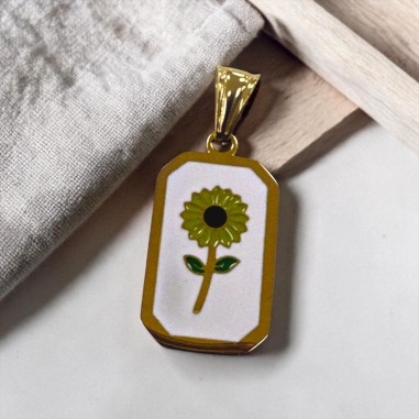 Ciondolo rettangolare con Girasole smaltato in Acciaio dorato 12x23mm 1pz | GDO