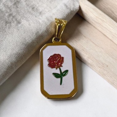 Ciondolo rettangolare con Rosa smaltata in Acciaio dorato 12x23mm 1pz | GDO