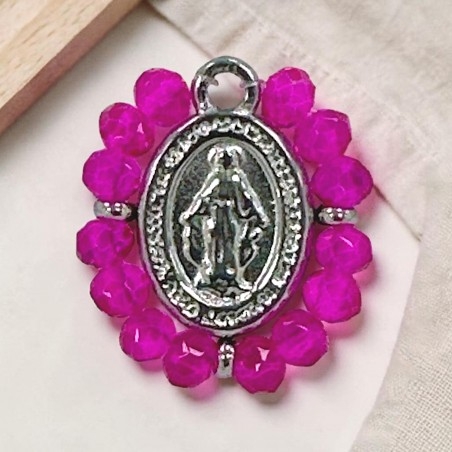 Ciondolo Madonna ovale in Acciaio rodio con cristalli Fucsia 17x19mm 1pz | GDO