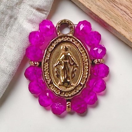 Ciondolo Madonna ovale in Acciaio oro rosa con cristalli Fucsia 17x19mm 1pz | GDO