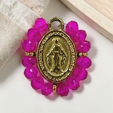 Ciondolo Madonna ovale in Acciaio oro con cristalli Fucsia 17x19mm 1pz | GDO