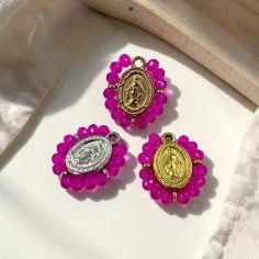 Ciondolo Madonna ovale in Acciaio con cristalli Fucsia 17x19mm 1pz | GDO