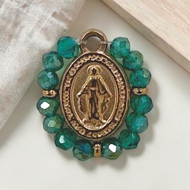 Ciondolo Madonna ovale in Acciaio oro rosa con cristalli Verde smeraldo AB 17x19mm 1pz | GDO
