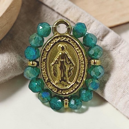 Ciondolo Madonna ovale in Acciaio oro con cristalli Verde smeraldo AB 17x19mm 1pz | GDO