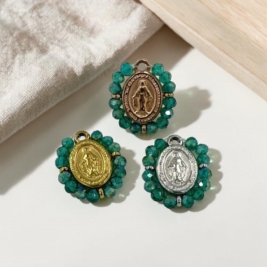 Ciondolo Madonna ovale in Acciaio con cristalli Verde smeraldo AB 17x19mm 1pz | GDO