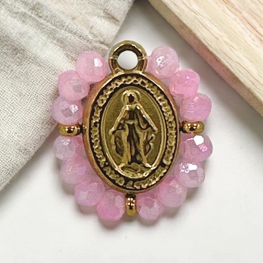 Ciondolo Madonna ovale in Acciaio oro con cristalli Rosa intenso 17x19mm 1pz | GDO