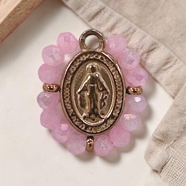 Ciondolo Madonna ovale in Acciaio oro rosa con cristalli Rosa intenso 17x19mm 1pz | GDO