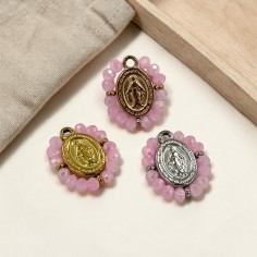 Ciondolo Madonna ovale in Acciaio con cristalli Rosa intenso 17x19mm 1pz | GDO