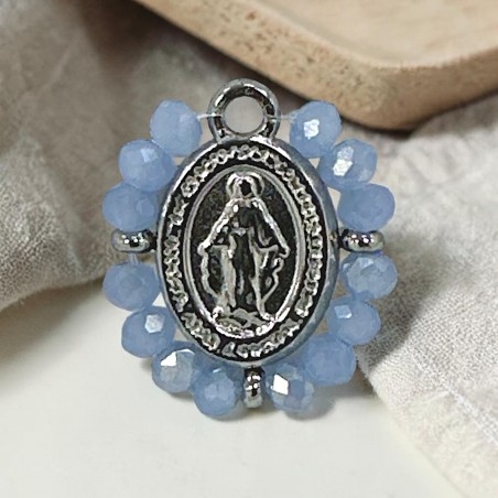 Ciondolo Madonna ovale in Acciaio rodio con cristalli Celesti 17x19mm 1pz | GDO