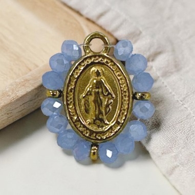 Ciondolo Madonna ovale in Acciaio oro con cristalli Celesti 17x19mm 1pz | GDO