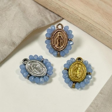 Ciondolo Madonna ovale in Acciaio con cristalli Celesti 17x19mm 1pz | GDO