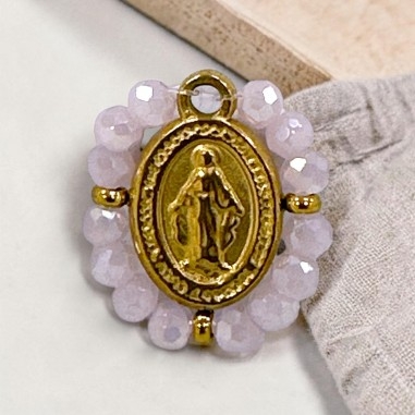 Ciondolo Madonna ovale in Acciaio oro con cristalli Rosa giada 17x19mm 1pz | GDO