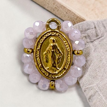 Ciondolo Madonna ovale in Acciaio oro con cristalli Rosa giada 17x19mm 1pz | GDO