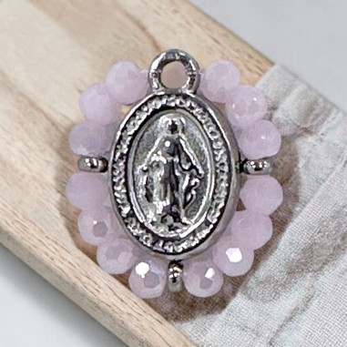 Ciondolo Madonna ovale in Acciaio rodio con cristalli Rosa giada 17x19mm 1pz | GDO