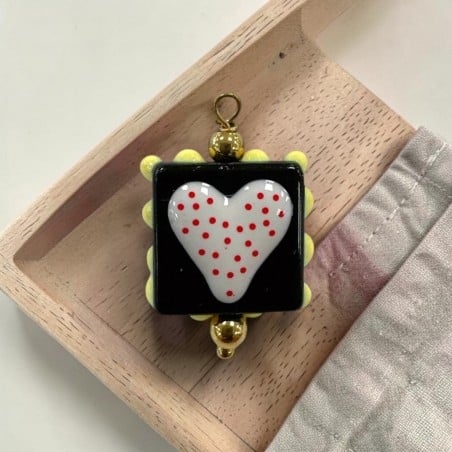 Ciondolo quadrato con Cuore a pois colorato in Vetro smaltato 18x26mm 1pz - Nero e bianco | GDO