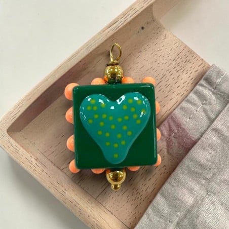 Ciondolo quadrato con Cuore a pois colorato in Vetro smaltato 18x26mm 1pz - Verde scuro e tiffany | GDO