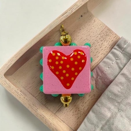 Ciondolo quadrato con Cuore a pois colorato in Vetro smaltato 18x26mm 1pz - Rosa e rosso | GDO