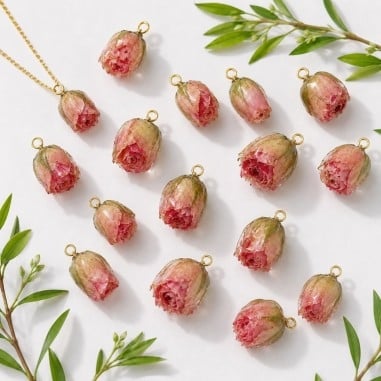 Ciondolo rosa vera pressata handmade colore rosso e rosa con gancio oro 2cm GDO