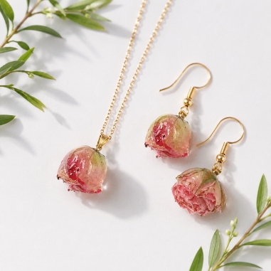 Ciondolo rosa vera pressata handmade colore rosso e rosa con gancio oro 2cm GDO