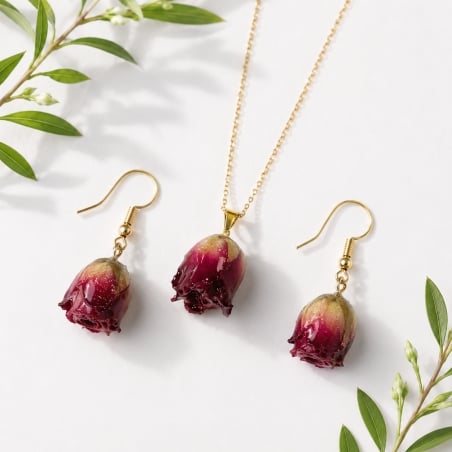 Ciondolo rosa naturale essiccata colore rosso verde con gancio oro 2cm GDO