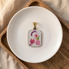 Ciondolo rettangolare con stampa di un Gatto rosa in Acciaio dorato 16x23mm 1pz | GDO