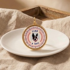Ciondolo tondo con stampa colorata di cane Bulldog Francese stilizzato in Acciaio dorato 22mm 1pz | GDO