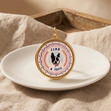 Ciondolo tondo con stampa colorata di cane Bulldog Francese stilizzato in Acciaio dorato 22mm 1pz | GDO