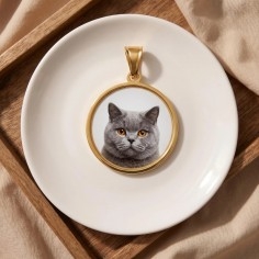 Ciondolo tondo acciaio inox dorato 22mm con stampa di gatto British Shorthair grigio GDO