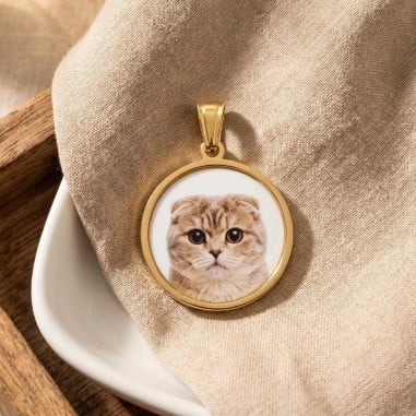 Ciondolo rotondo con stampa di Gatto Scottish Fold Beige in Acciaio dorato 22mm 1pz | GDO