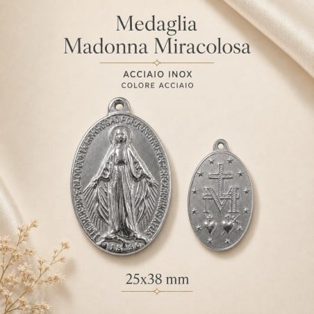 Ciondolo grande ovale Madonna miracolosa in Acciaio rodio 25x38mm | GDO