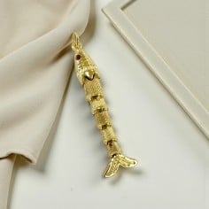 Ciondolo a forma di Pesce allungato mobile in ottone dorato con Occhio strass colorato 12x43mm 1pz | GDO 2