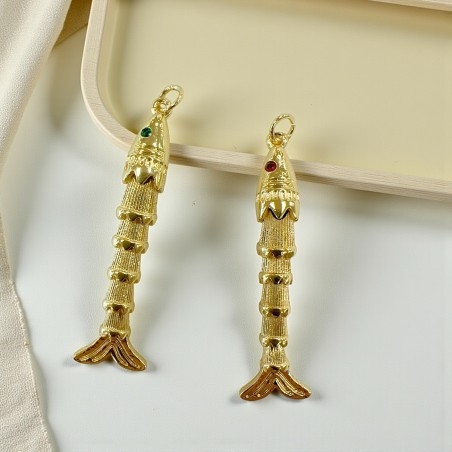 Ciondolo a forma di Pesce allungato mobile in ottone dorato con Occhio strass colorato 12x43mm 1pz | GDO