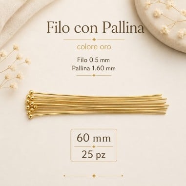 Spilli testa pallina Oro in ottone filo 0.5mm per bigiotteria misure da 20mm a 80mm GDO