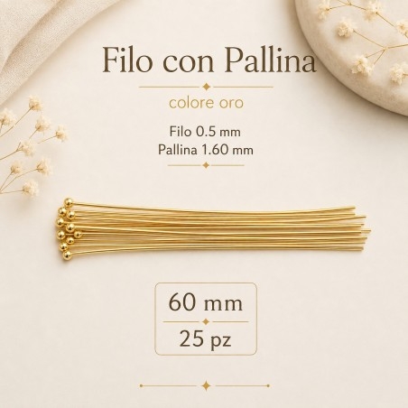 Spilli testa pallina Oro in ottone filo 0.5mm per bigiotteria misure da 20mm a 80mm GDO