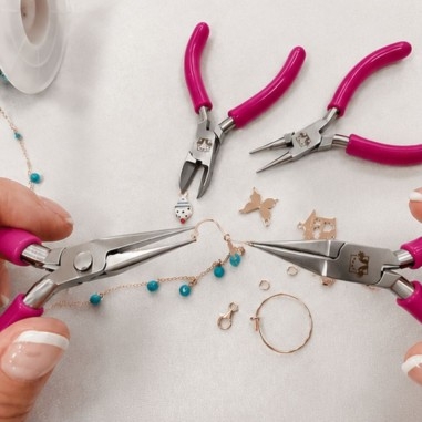 Set di 4 pinze per bigiotteria in acciaio, punte piatta curva e tonda, colore rosa militare, marchio Gioie d'Oriente