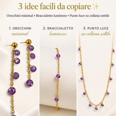 Kit bijoux con catena acciaio Oro e ciondoli zirconi viola 6mm per collana, bracciale e orecchini GDO