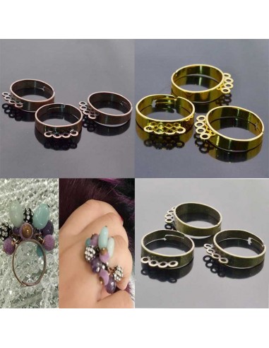 Base anello in ottone  regolabile con 4 anelle per charms  5pz fai da te bigiotteria