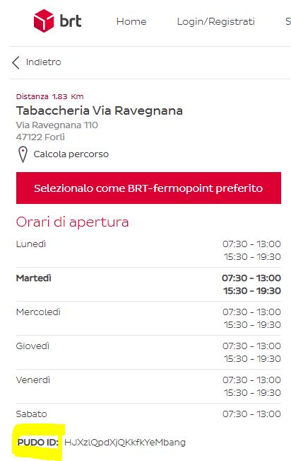 trova il codice del punto scelto dalla mappa dei fermopoint nel sito brt