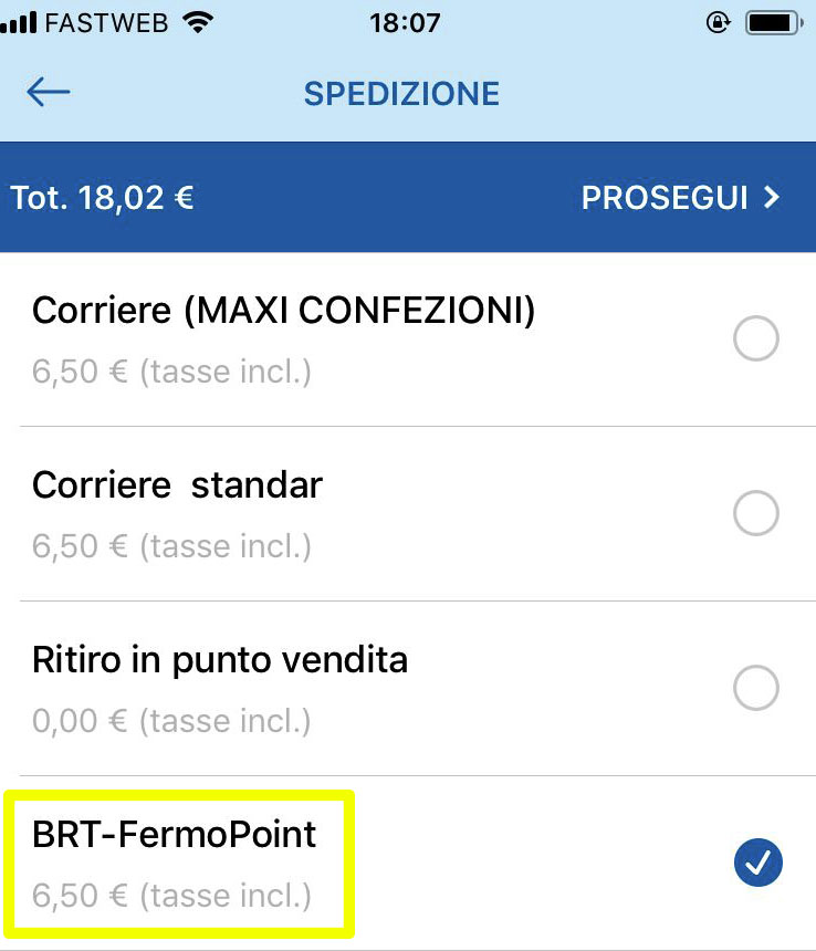scegli brt fermopoint come tipo di spedizione